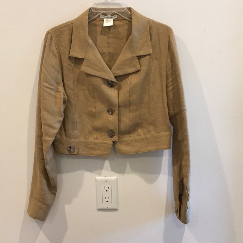 Sarah Pacini Cropped Linen Beige-Tan Blazer Jacket